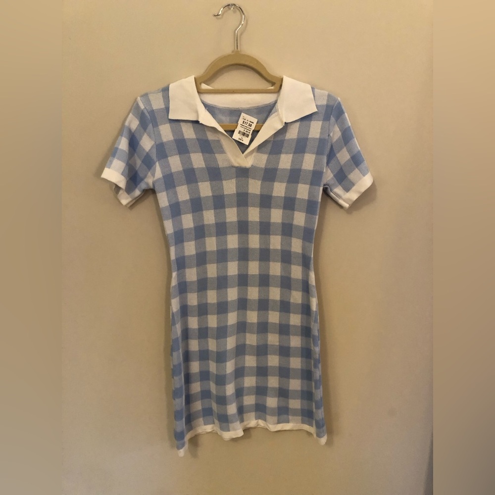 Checkered blue and white mini dress with collar